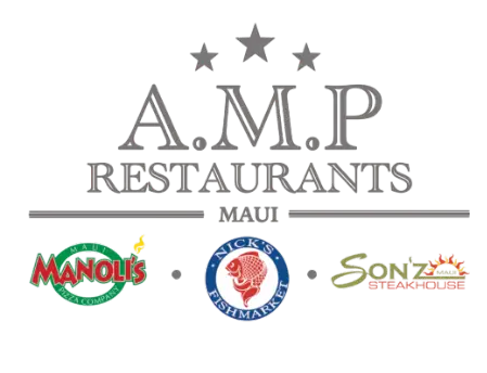 AMP partner logo displayed on Manoli’s Pizza Company website representing brand affiliation and local Hawaii business partnerships.